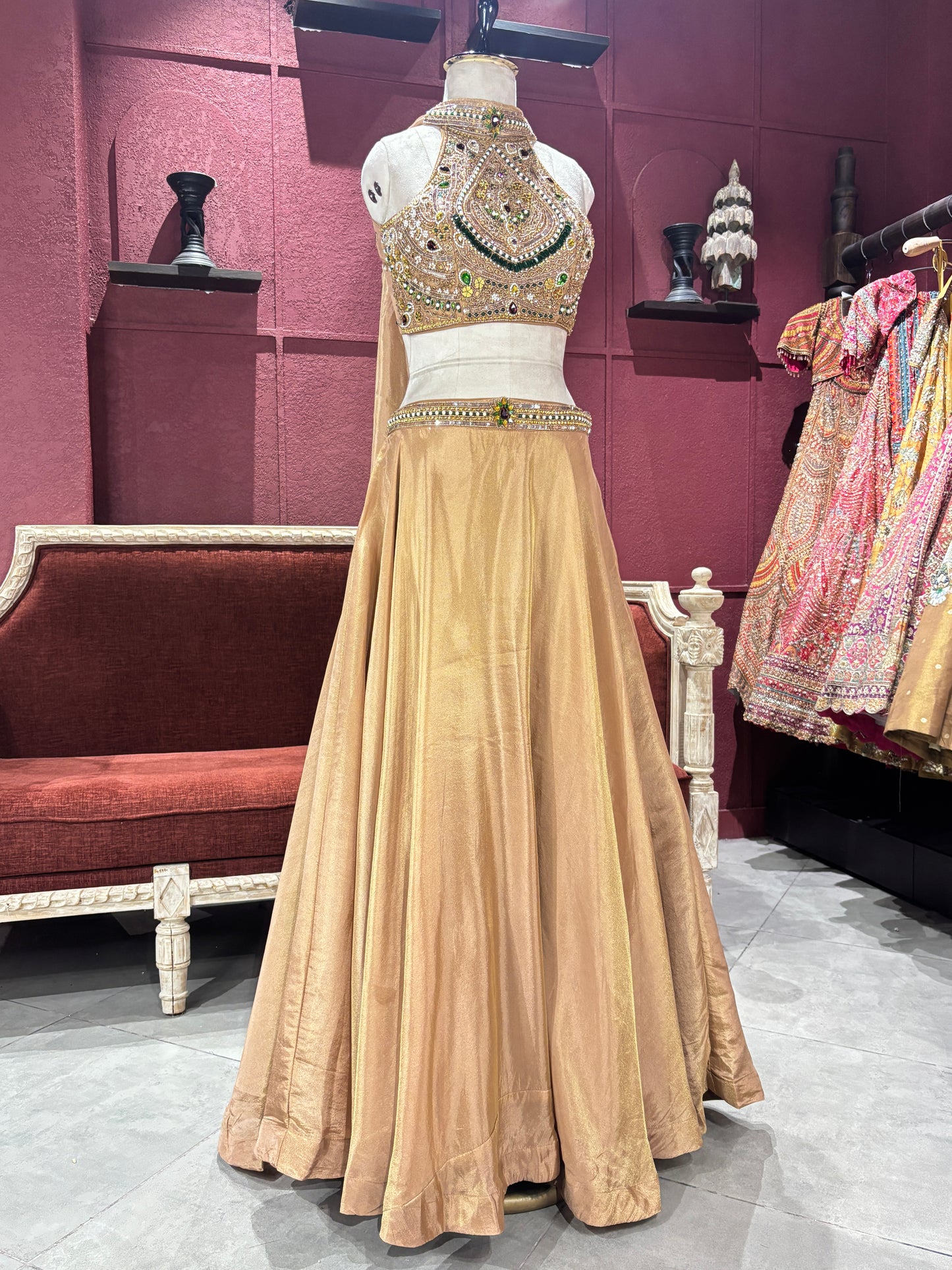 Shimmer Tissue Golden Lehenga Choli with Gemstone Embroidery