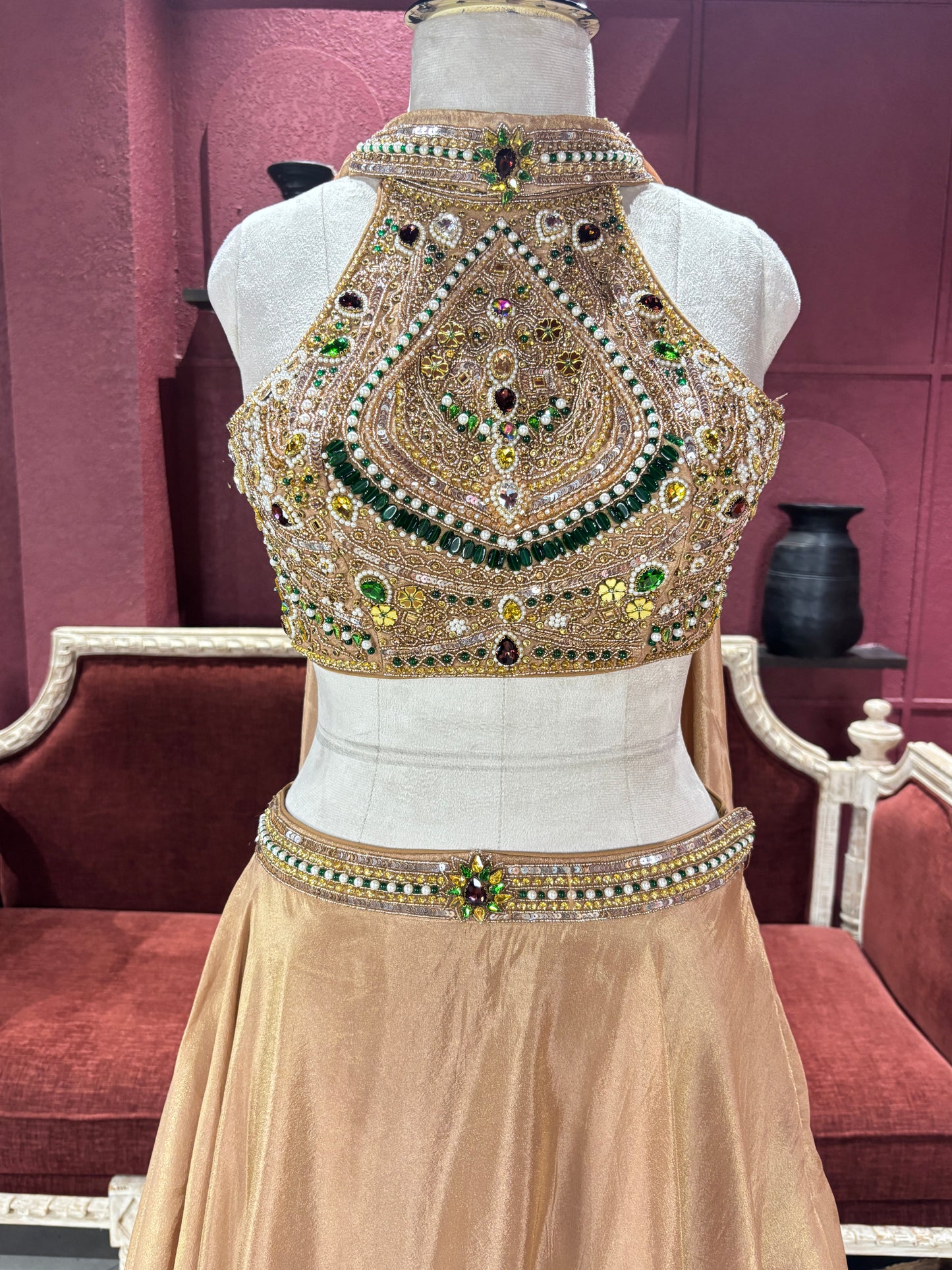 Shimmer Tissue Golden Lehenga Choli with Gemstone Embroidery