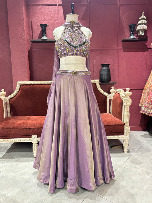 Shimmer Tissue Lavender Lehenga with Gemstone Halter Blouse