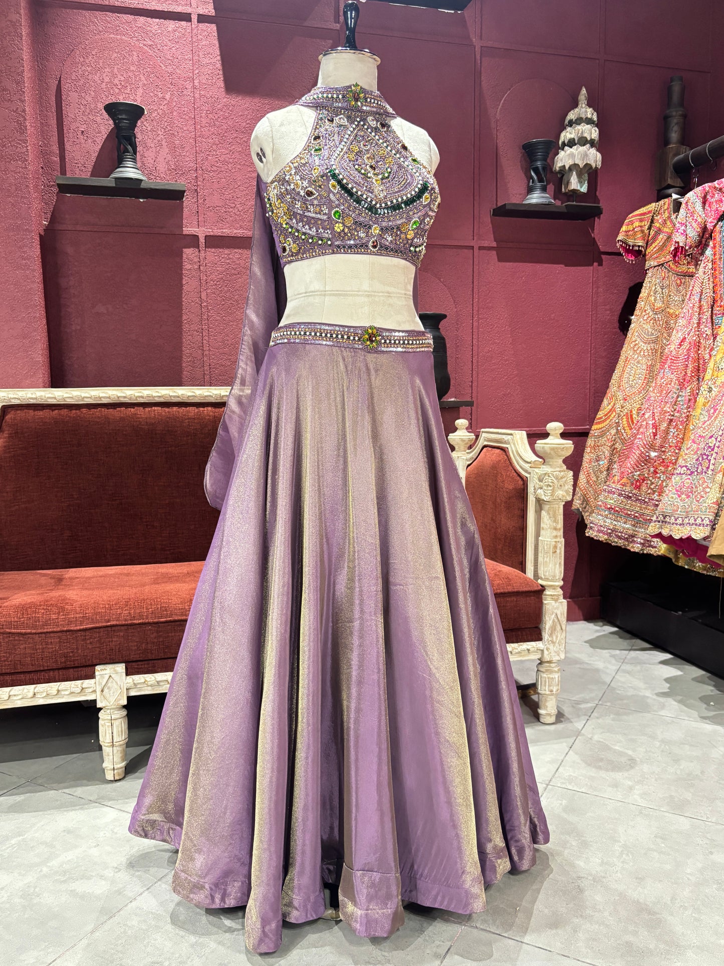 Shimmer Tissue Lavender Lehenga with Gemstone Halter Blouse