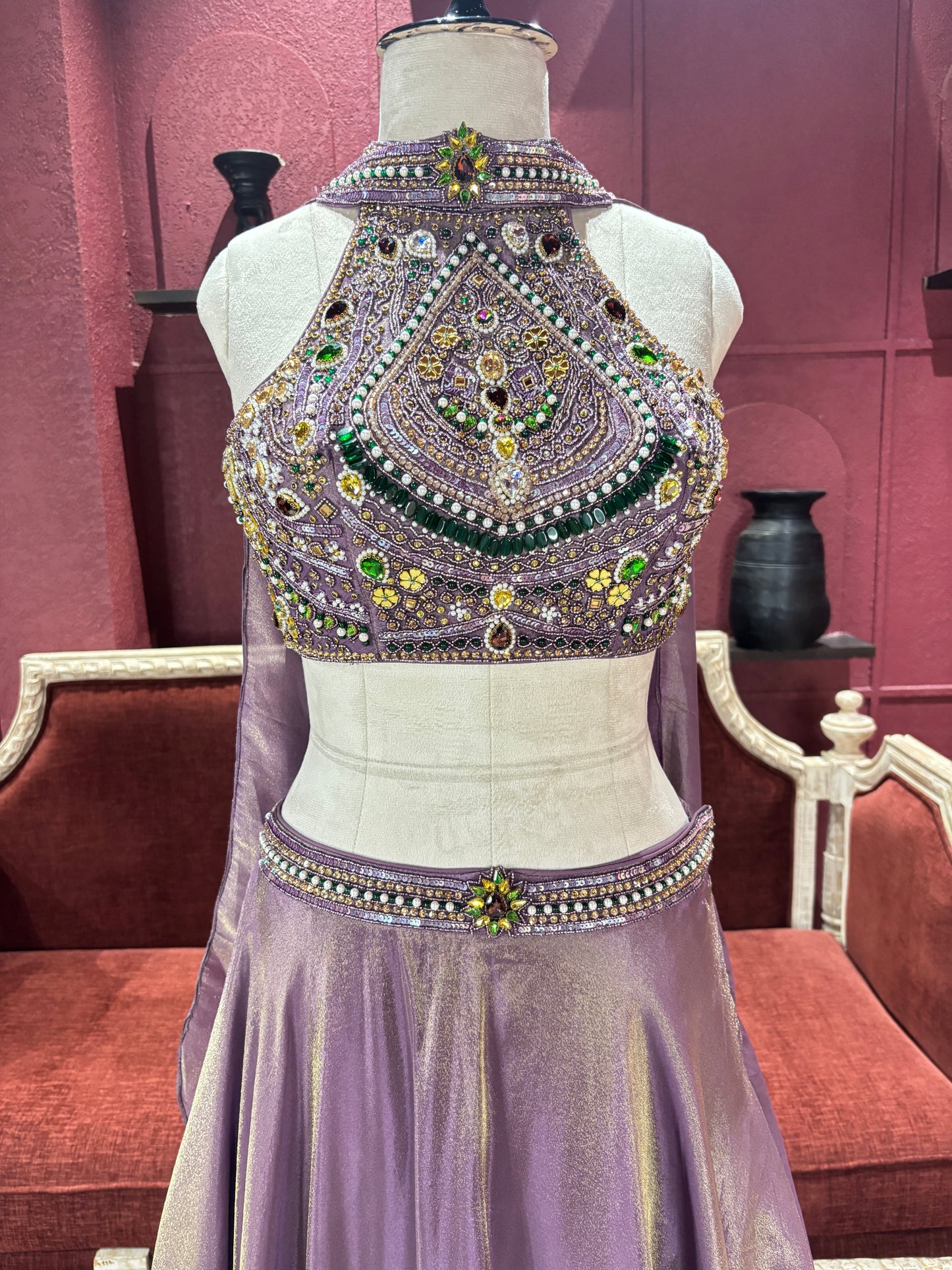 Shimmer Tissue Lavender Lehenga with Gemstone Halter Blouse