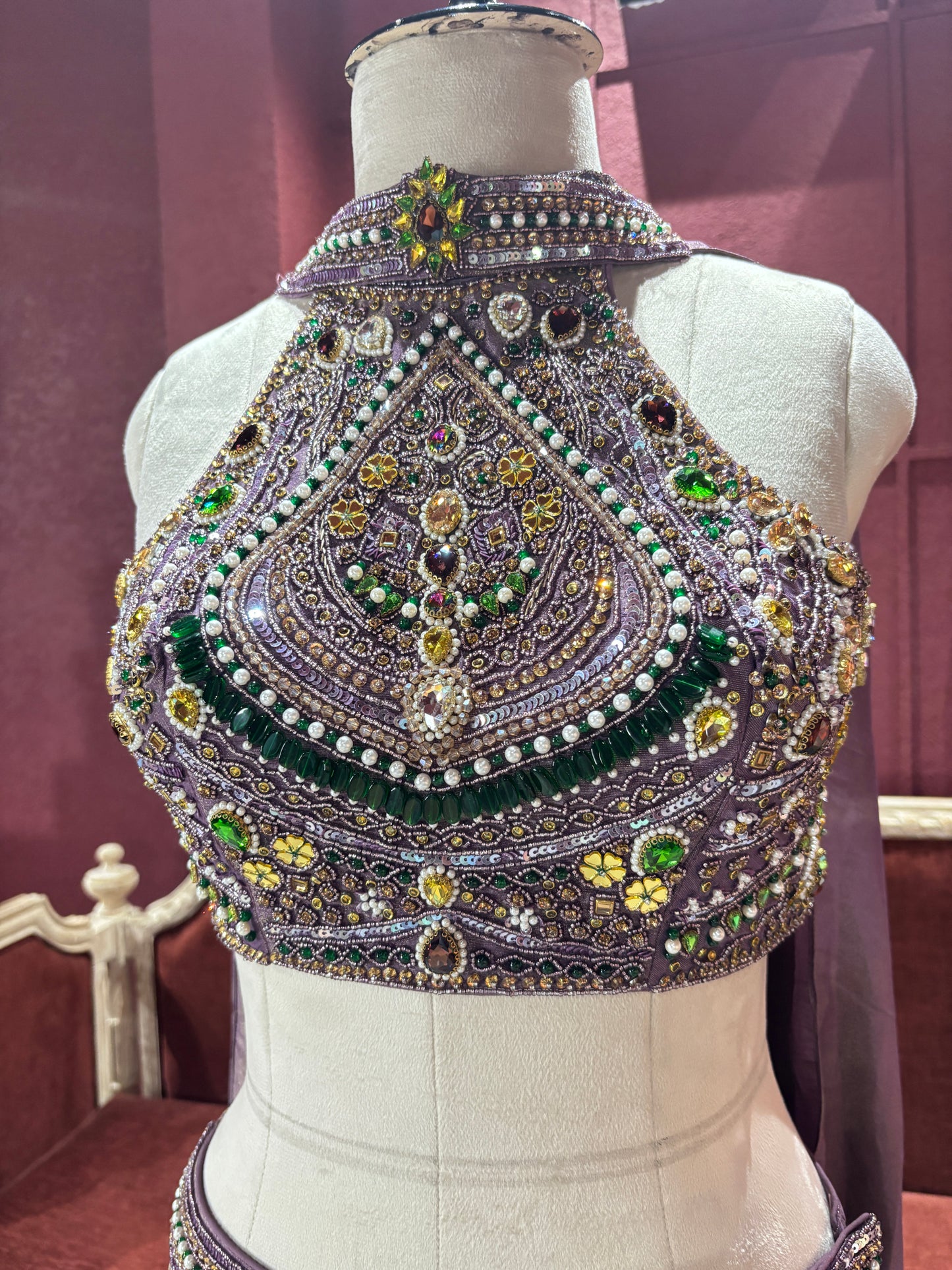 Shimmer Tissue Lavender Lehenga with Gemstone Halter Blouse