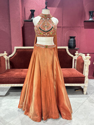 Shimmer Tissue Bronze Lehenga with Ornate Halter Blouse