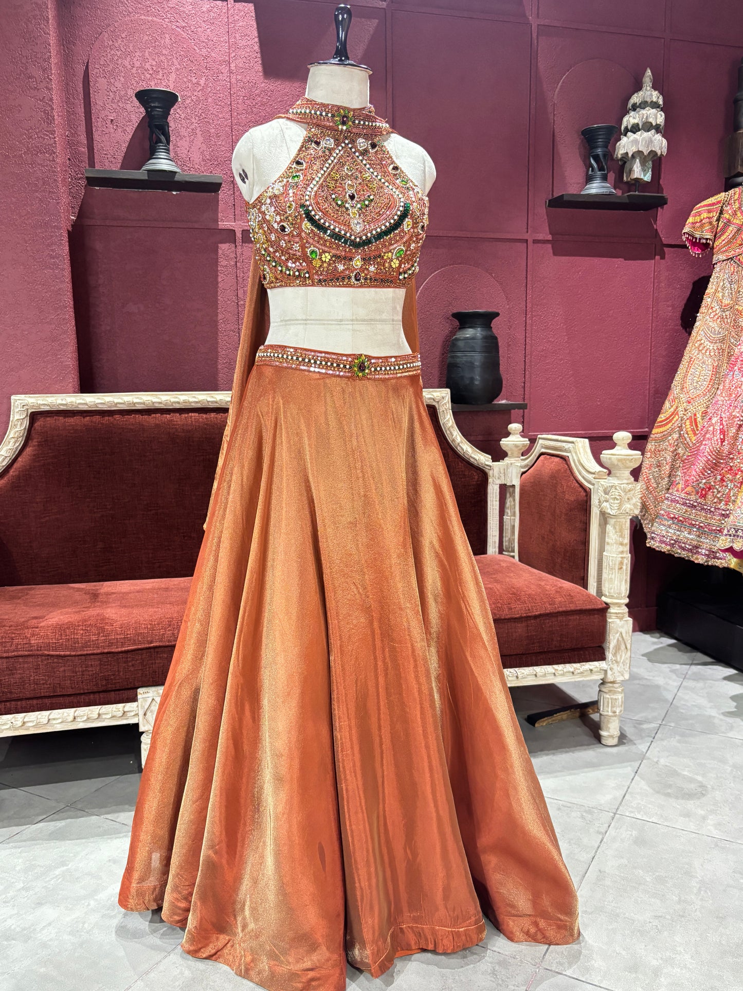 Shimmer Tissue Bronze Lehenga with Ornate Halter Blouse
