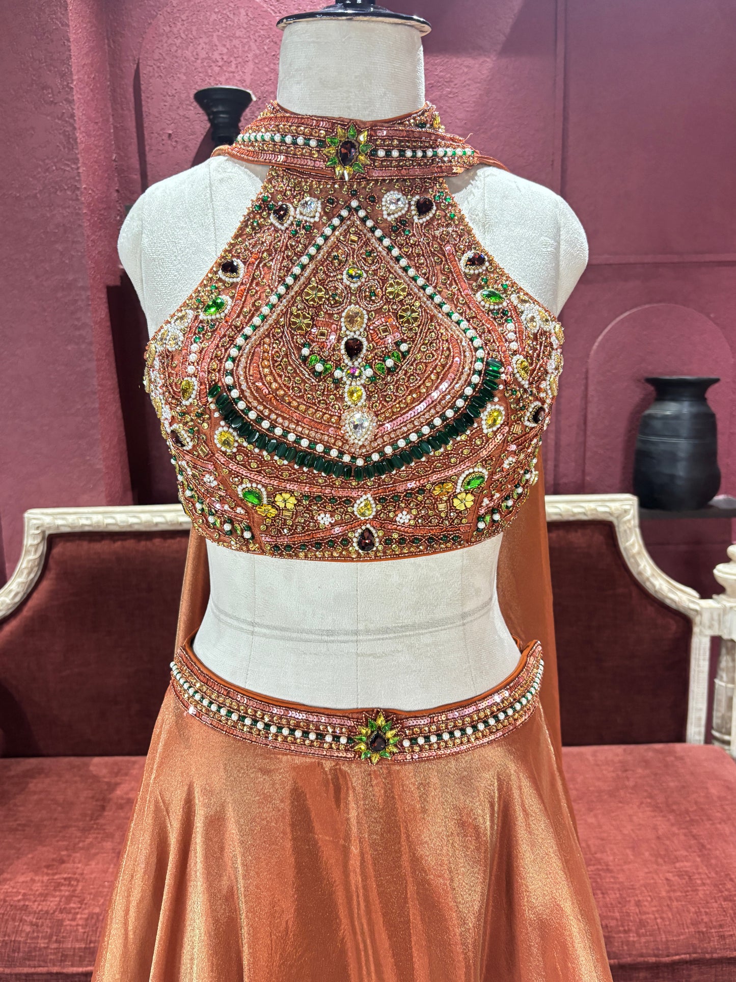 Shimmer Tissue Bronze Lehenga with Ornate Halter Blouse