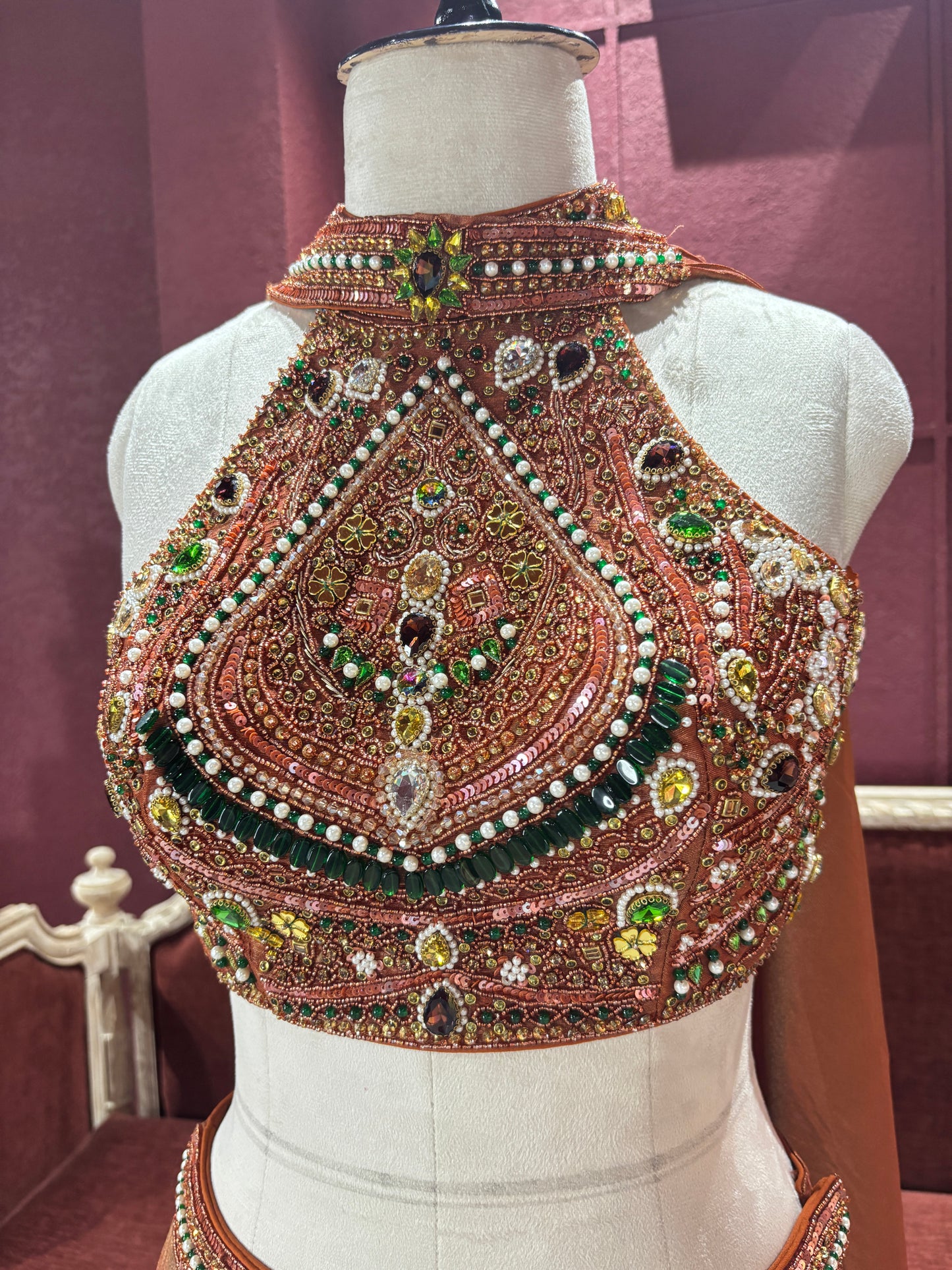 Shimmer Tissue Bronze Lehenga with Ornate Halter Blouse