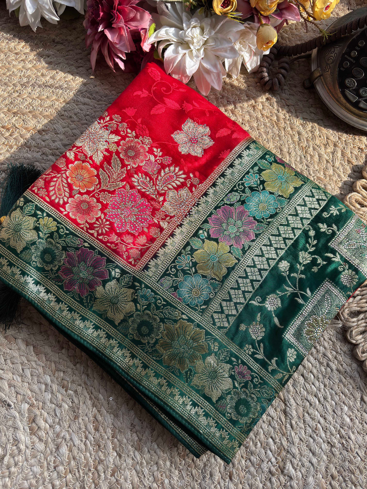 Red & Emerald Green Banarasi Silk Saree with Floral Zari Weaving