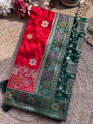 Red & Emerald Green Banarasi Silk Saree with Floral Zari Weaving