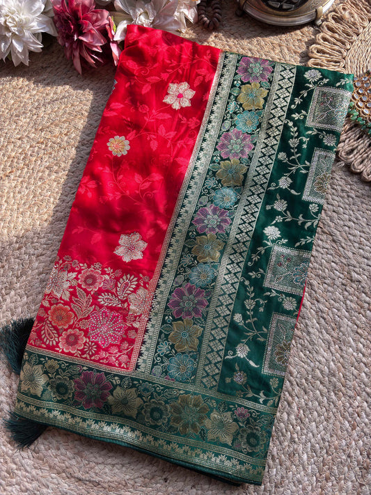 Red & Emerald Green Banarasi Silk Saree with Floral Zari Weaving