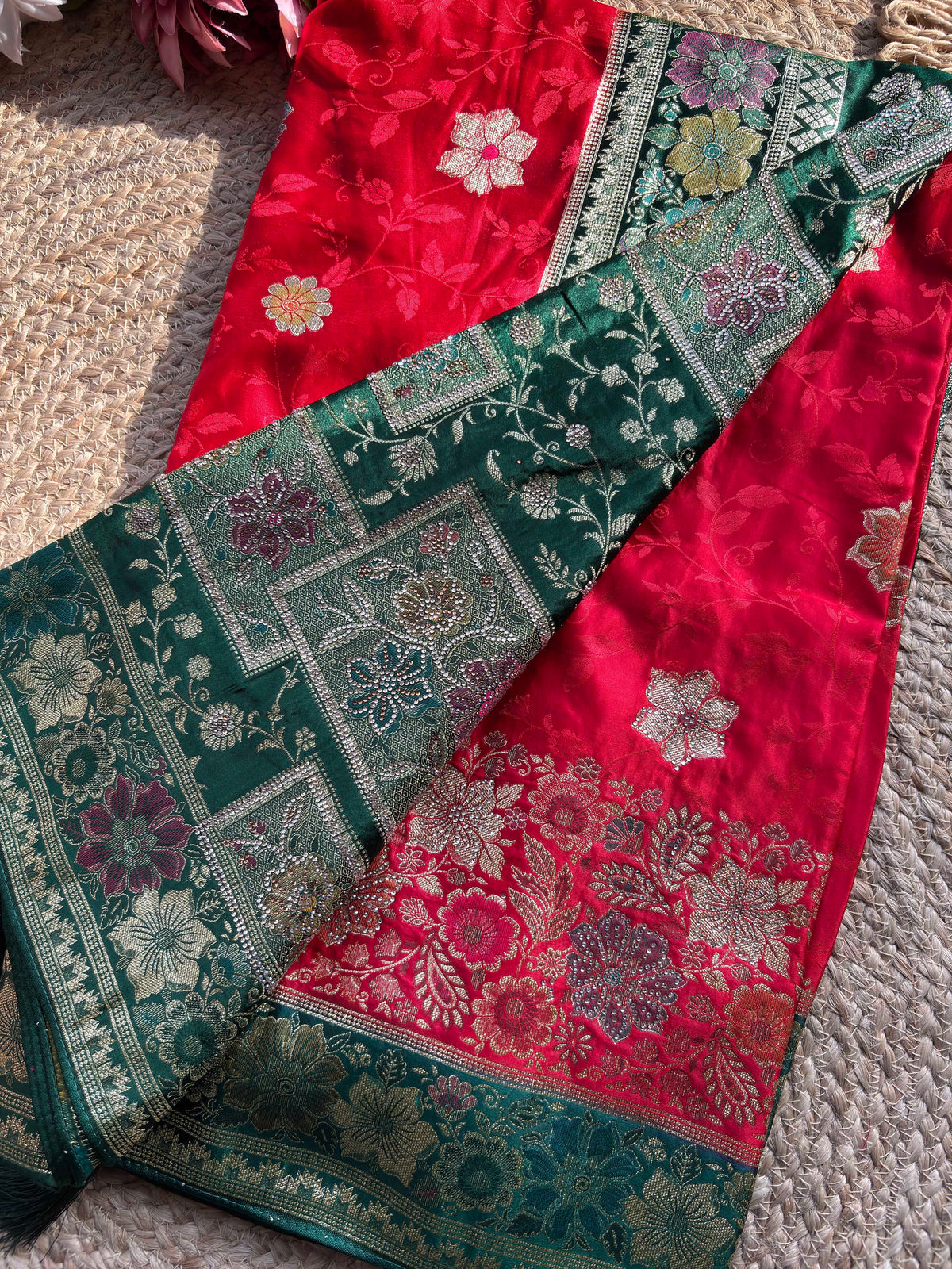 Red & Emerald Green Banarasi Silk Saree with Floral Zari Weaving
