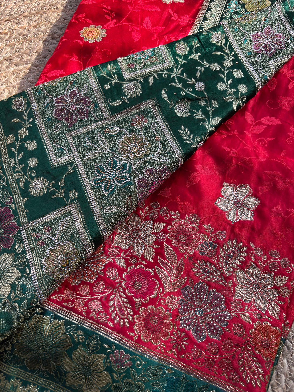 Red & Emerald Green Banarasi Silk Saree with Floral Zari Weaving