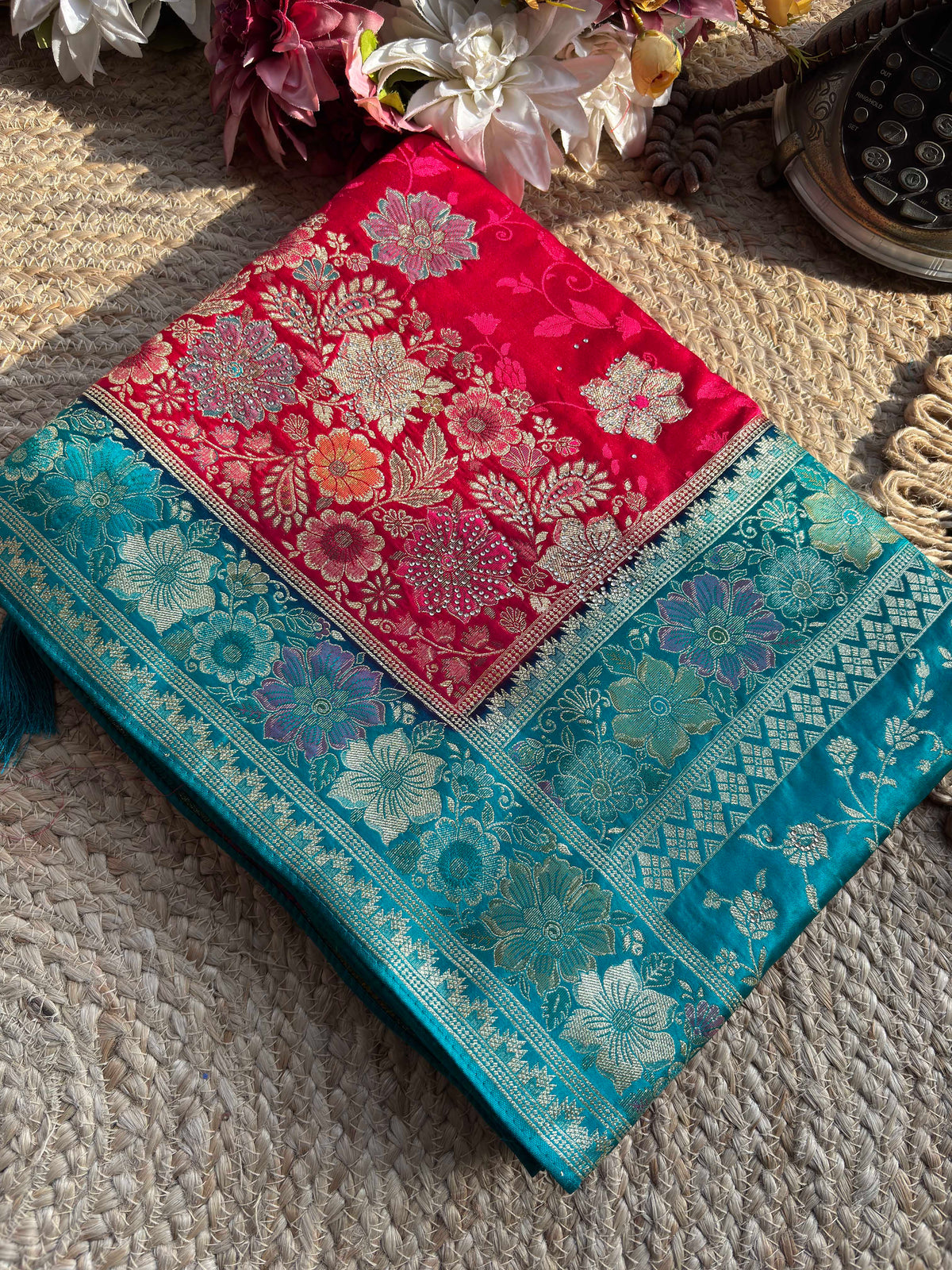 Rani Pink & Turquoise Blue Banarasi Silk Saree with Floral Zari Weaving