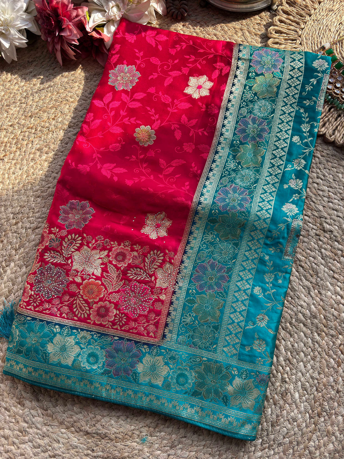 Rani Pink & Turquoise Blue Banarasi Silk Saree with Floral Zari Weaving