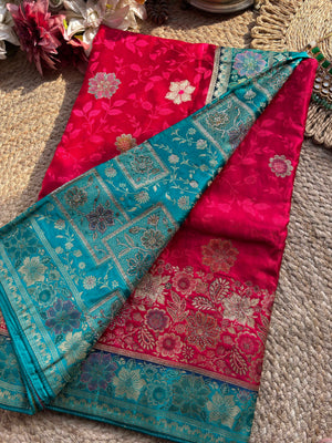 Rani Pink & Turquoise Blue Banarasi Silk Saree with Floral Zari Weaving