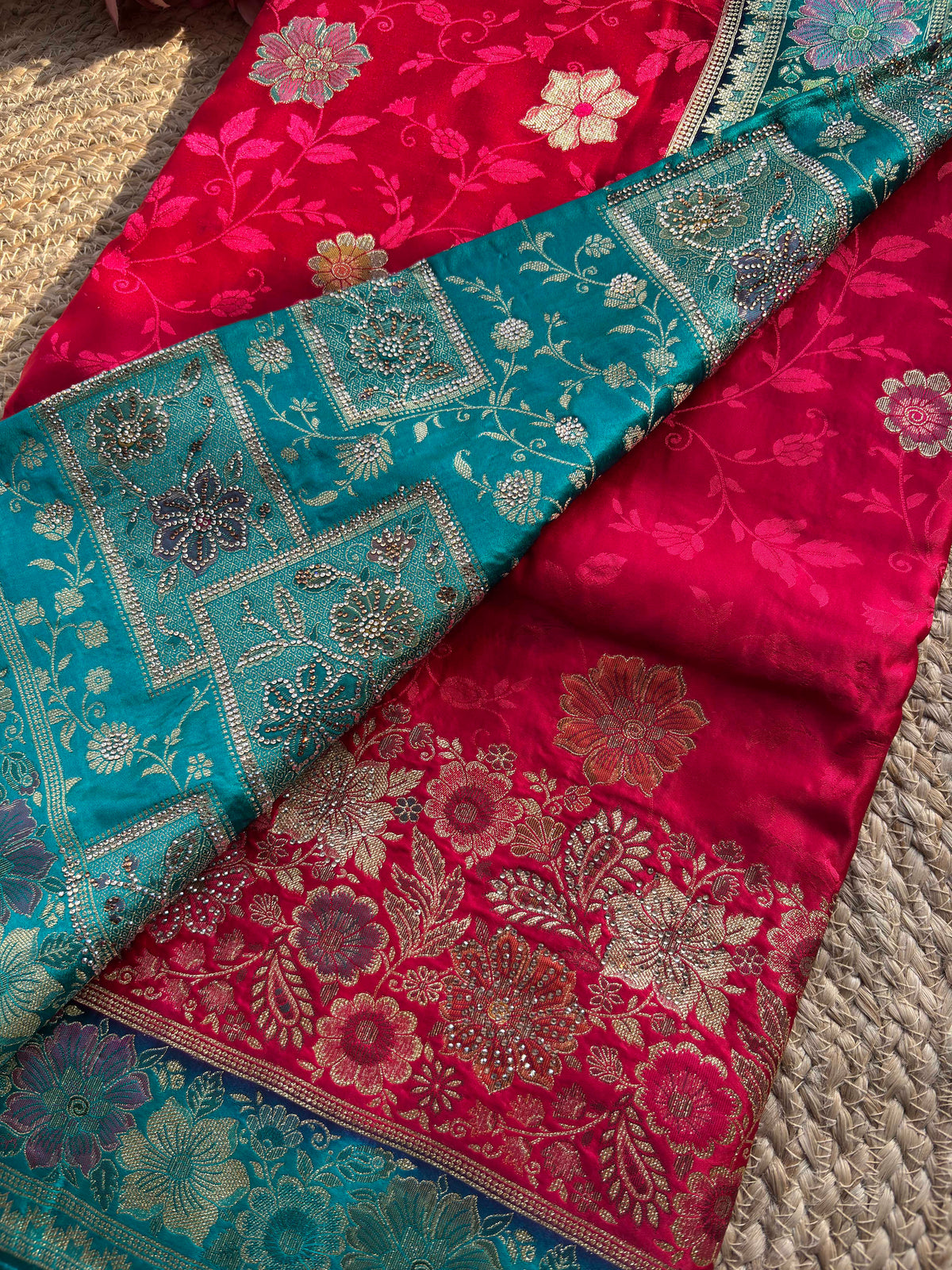 Rani Pink & Turquoise Blue Banarasi Silk Saree with Floral Zari Weaving