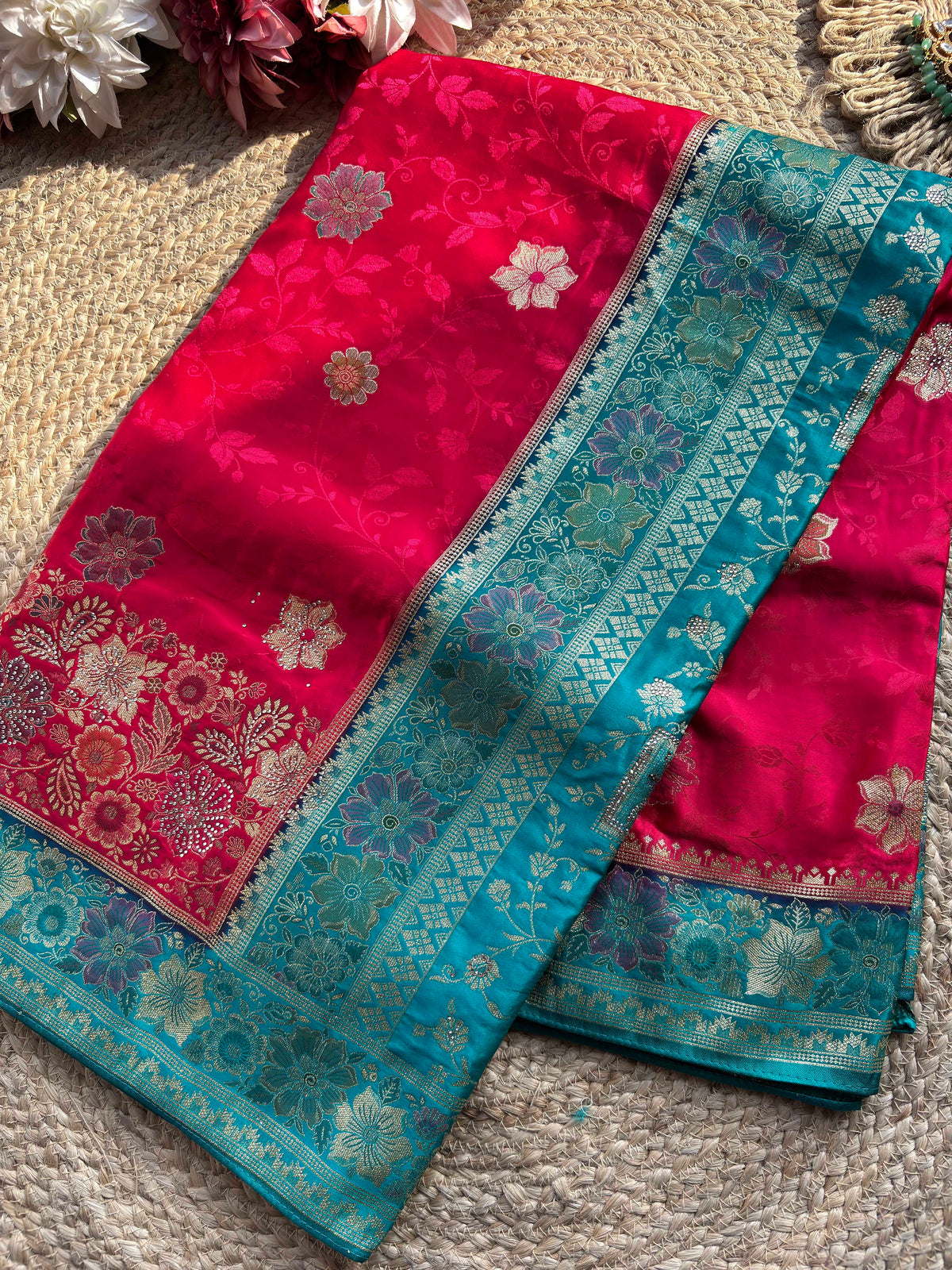Rani Pink & Turquoise Blue Banarasi Silk Saree with Floral Zari Weaving