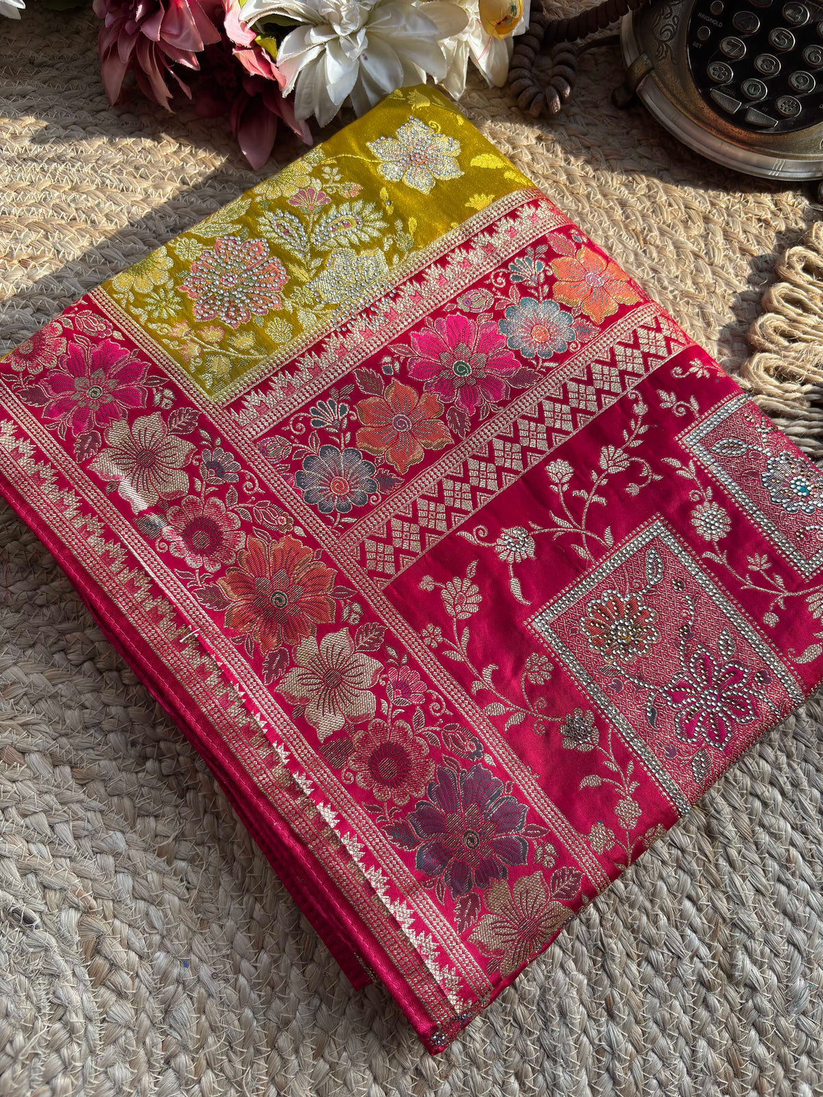 Mehendi Green & Rani Pink Banarasi Silk Saree with Floral Zari Weaving