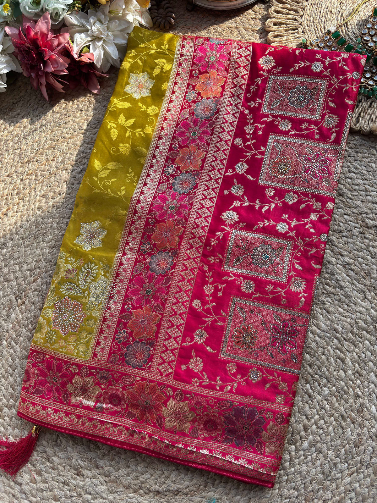 Mehendi Green & Rani Pink Banarasi Silk Saree with Floral Zari Weaving