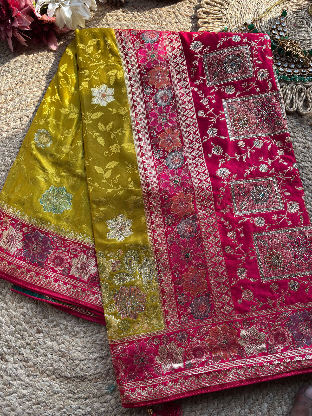 Mehendi Green & Rani Pink Banarasi Silk Saree with Floral Zari Weaving