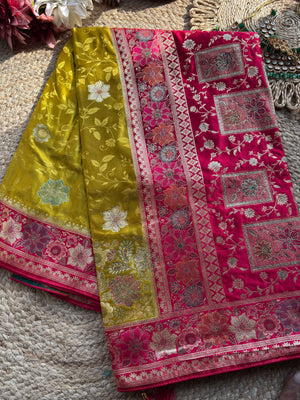 Mehendi Green & Rani Pink Banarasi Silk Saree with Floral Zari Weaving