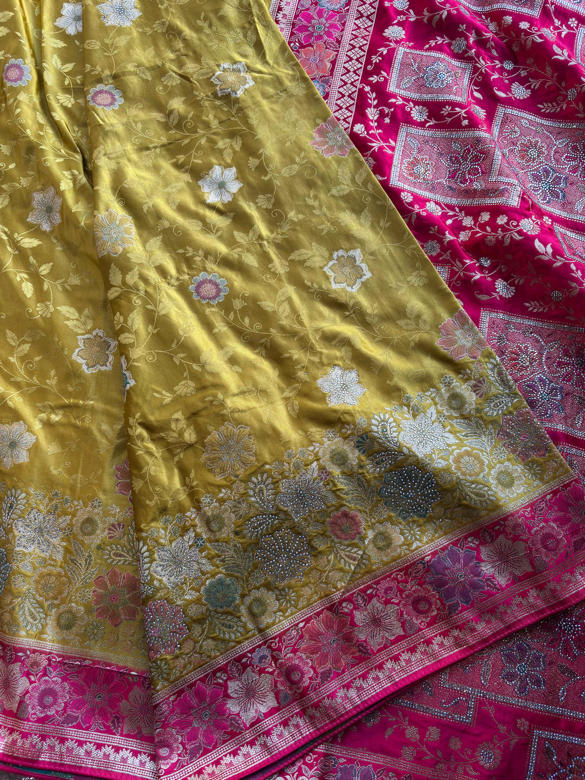 Mehendi Green & Rani Pink Banarasi Silk Saree with Floral Zari Weaving