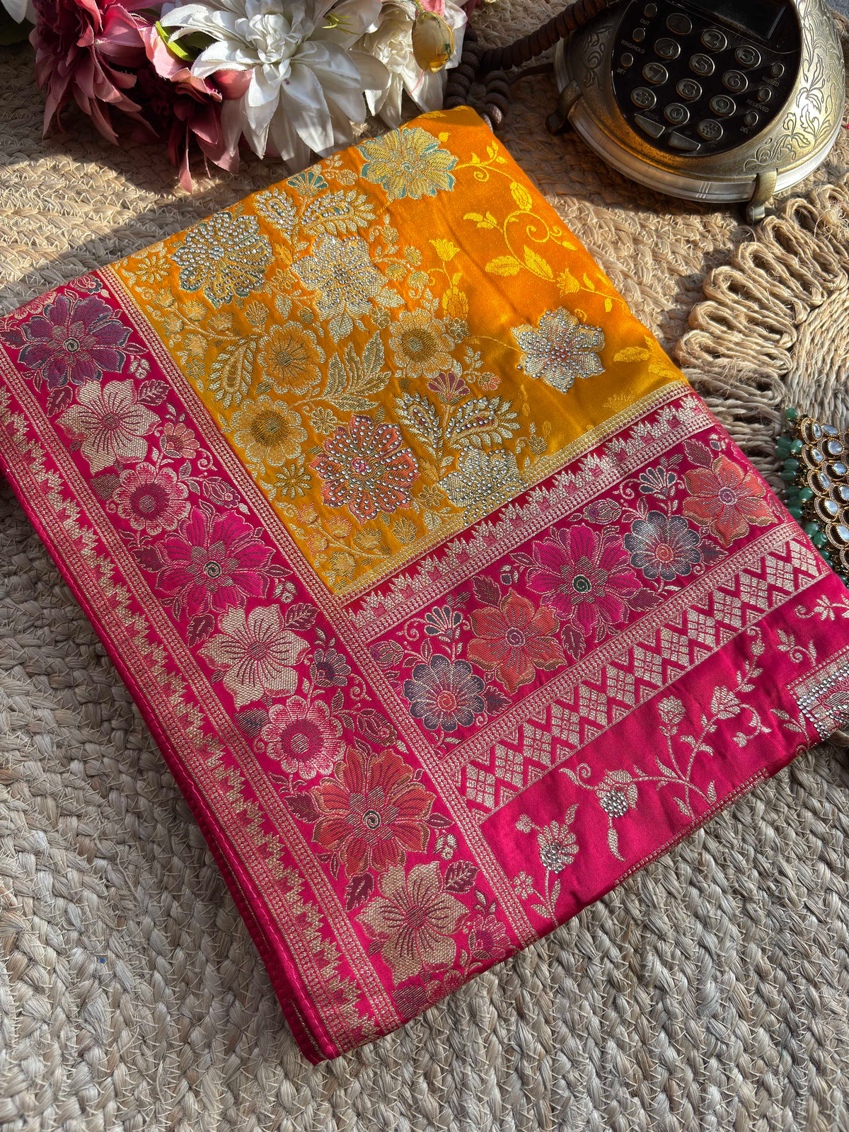 Mustard Yellow & Rani Pink Banarasi Silk Saree with Floral Zari Weaving