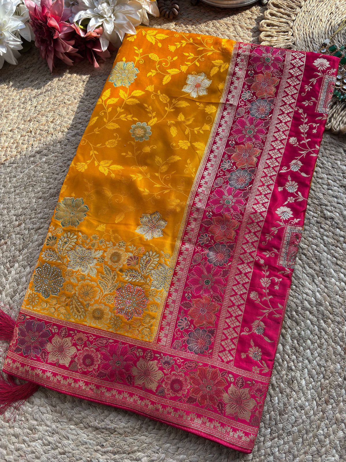 Mustard Yellow & Rani Pink Banarasi Silk Saree with Floral Zari Weaving