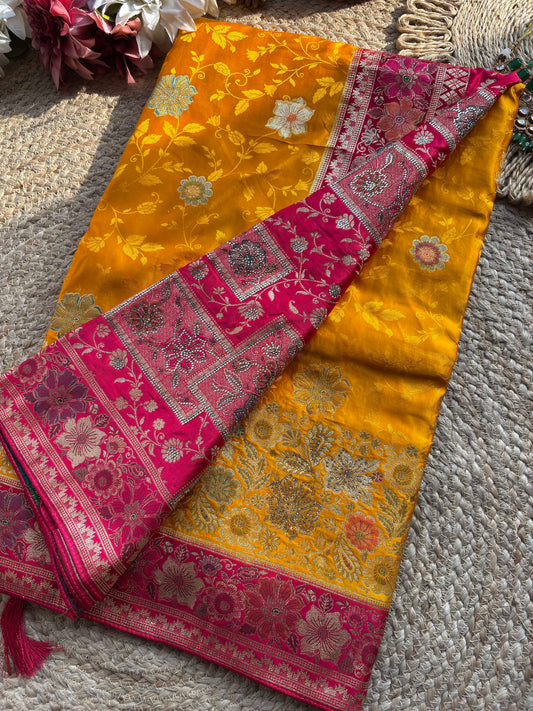 Mustard Yellow & Rani Pink Banarasi Silk Saree with Floral Zari Weaving