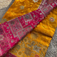 Mustard Yellow & Rani Pink Banarasi Silk Saree with Floral Zari Weaving