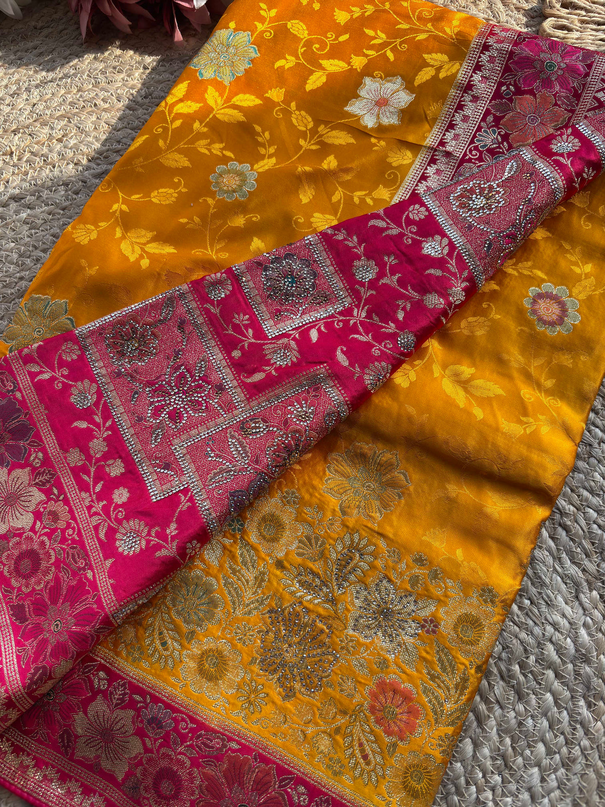 Mustard Yellow & Rani Pink Banarasi Silk Saree with Floral Zari Weaving