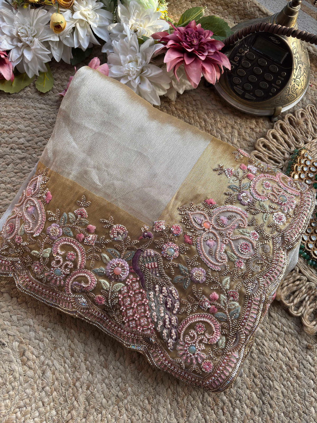 Silver & Antique Gold Designer Silk Saree with Peacock Handwork