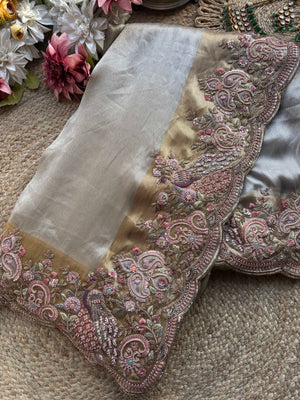 Silver & Antique Gold Designer Silk Saree with Peacock Handwork