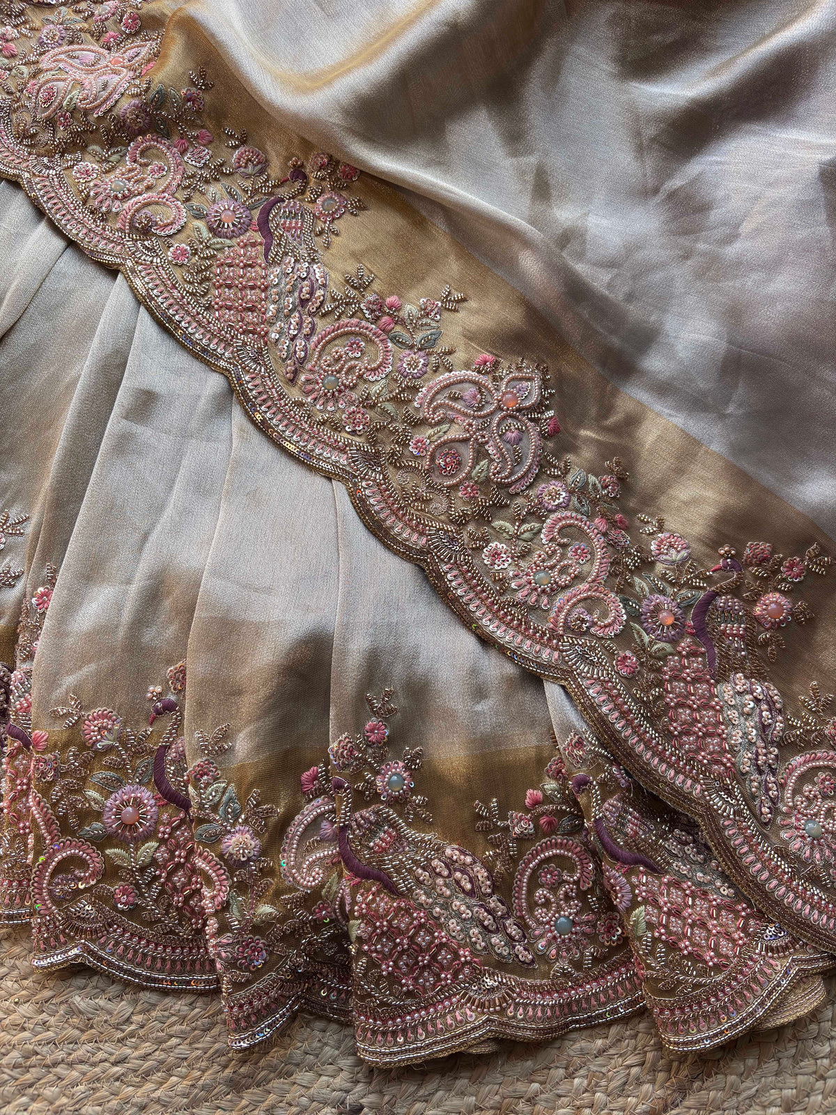 Silver & Antique Gold Designer Silk Saree with Peacock Handwork