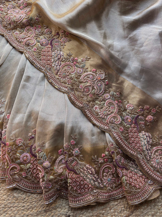 Silver & Antique Gold Designer Silk Saree with Peacock Handwork