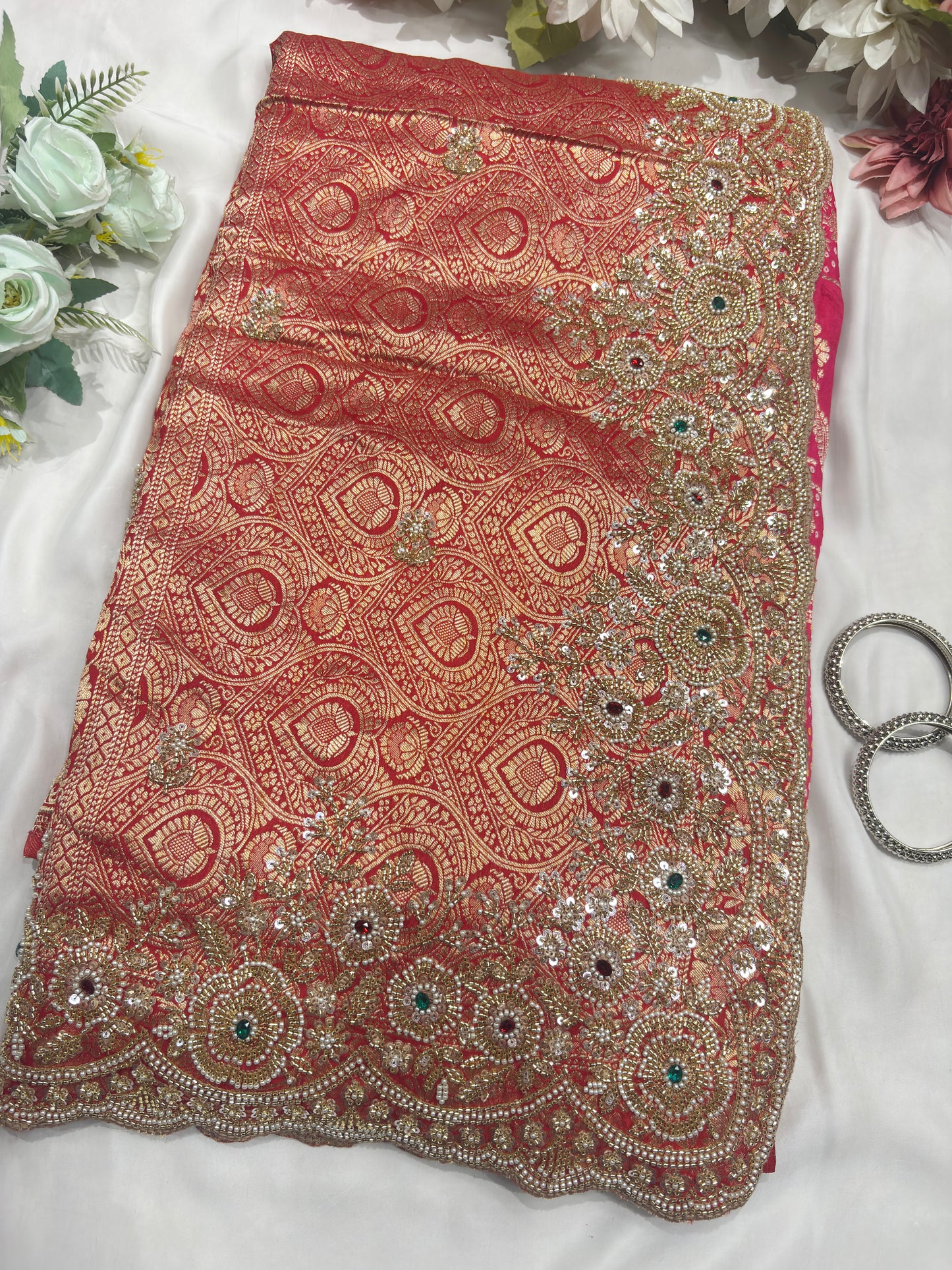 Khaddi Georgette Saree Gold-Silver Embroidery With Designer Blouse