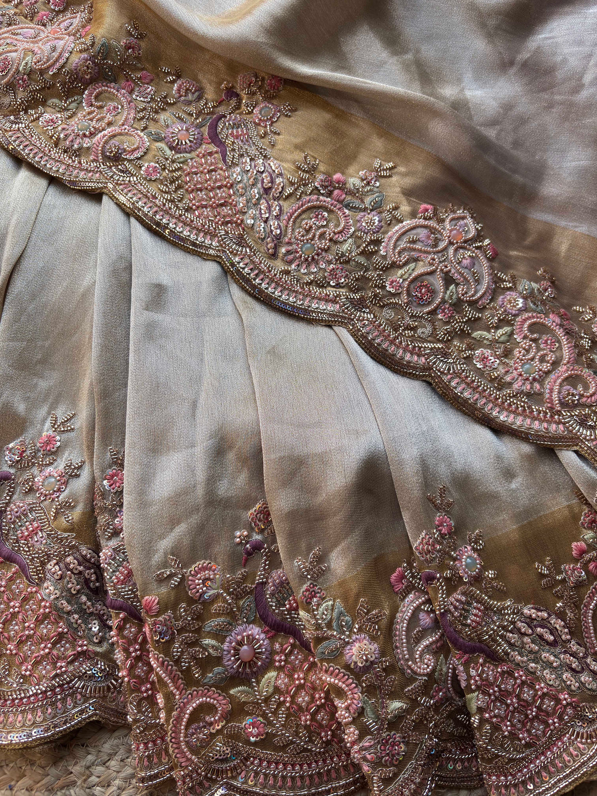 Silver & Antique Gold Designer Silk Saree with Peacock Handwork