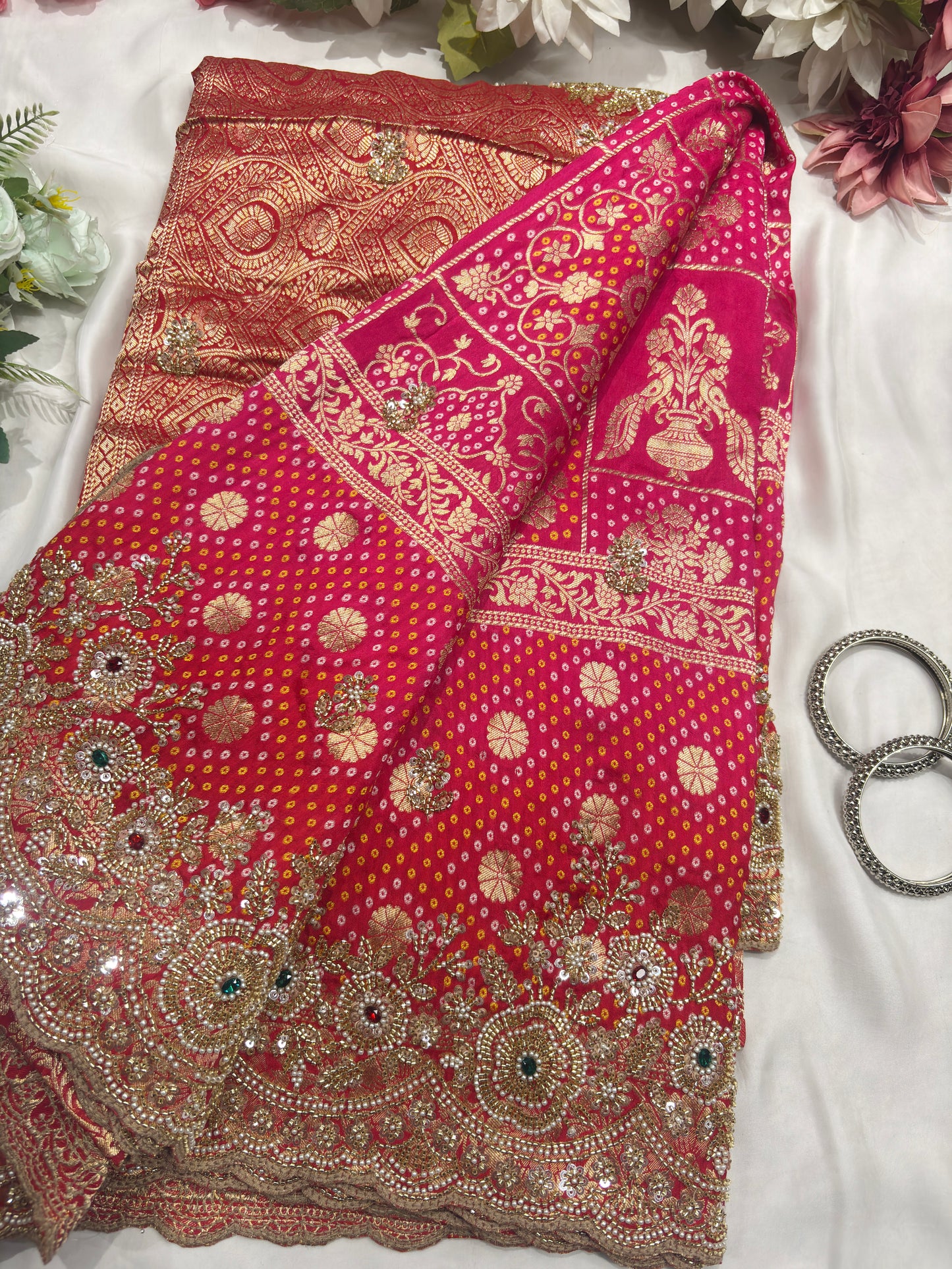 Khaddi Georgette Saree Gold-Silver Embroidery With Designer Blouse