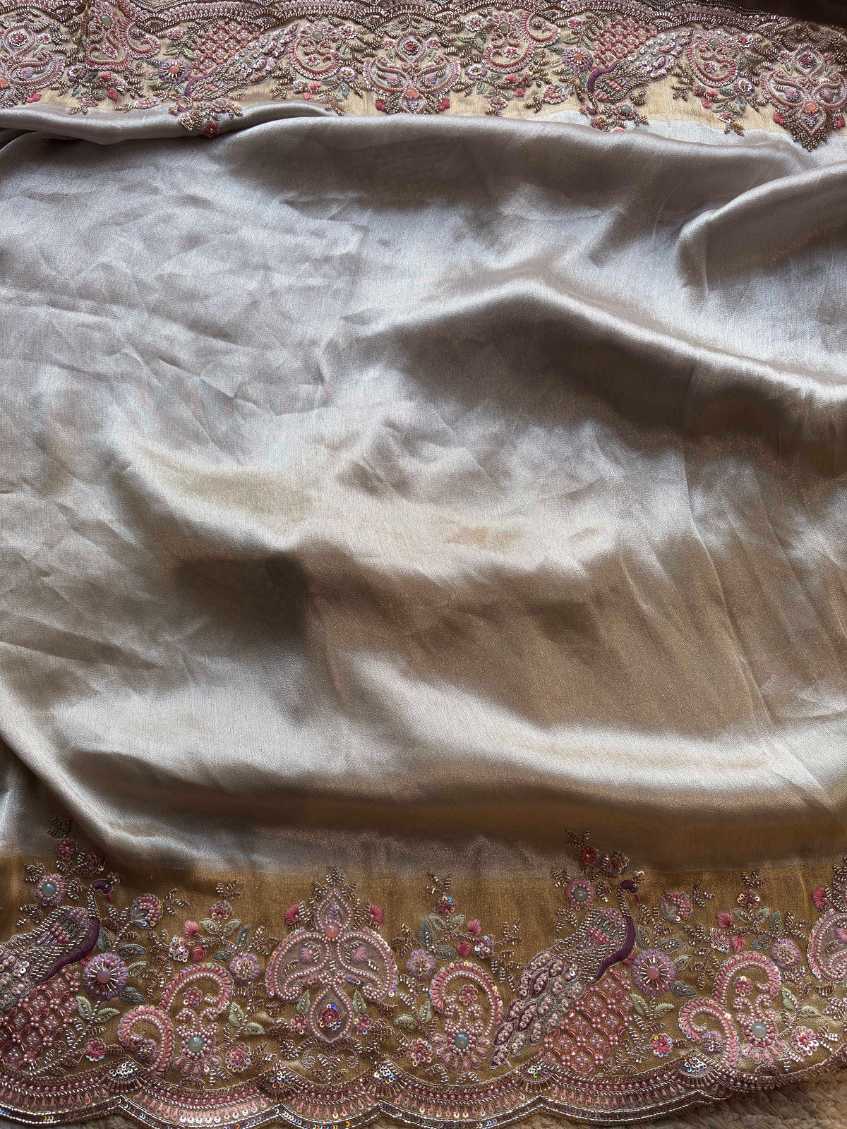 Silver & Antique Gold Designer Silk Saree with Peacock Handwork