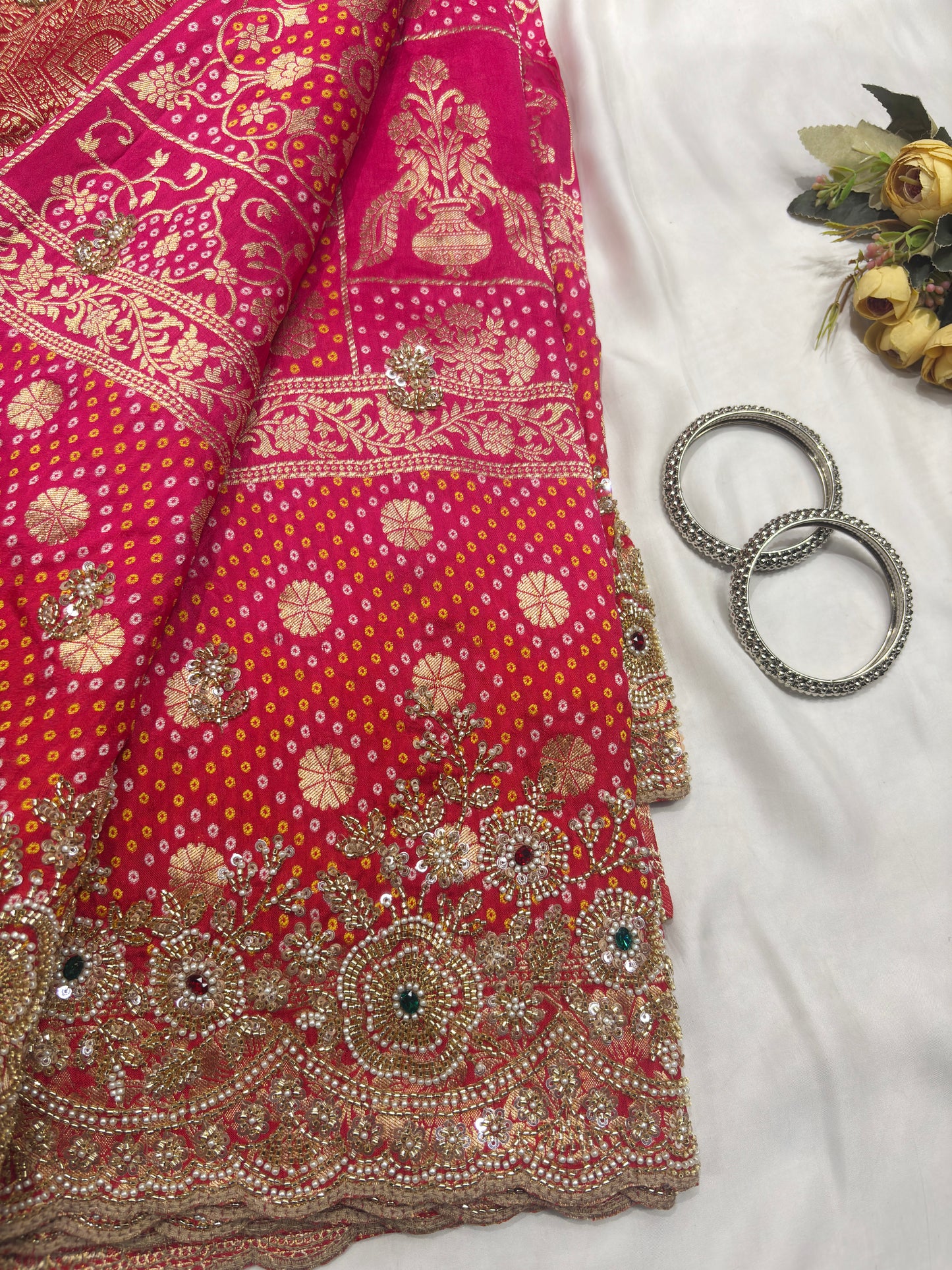 Khaddi Georgette Saree Gold-Silver Embroidery With Designer Blouse