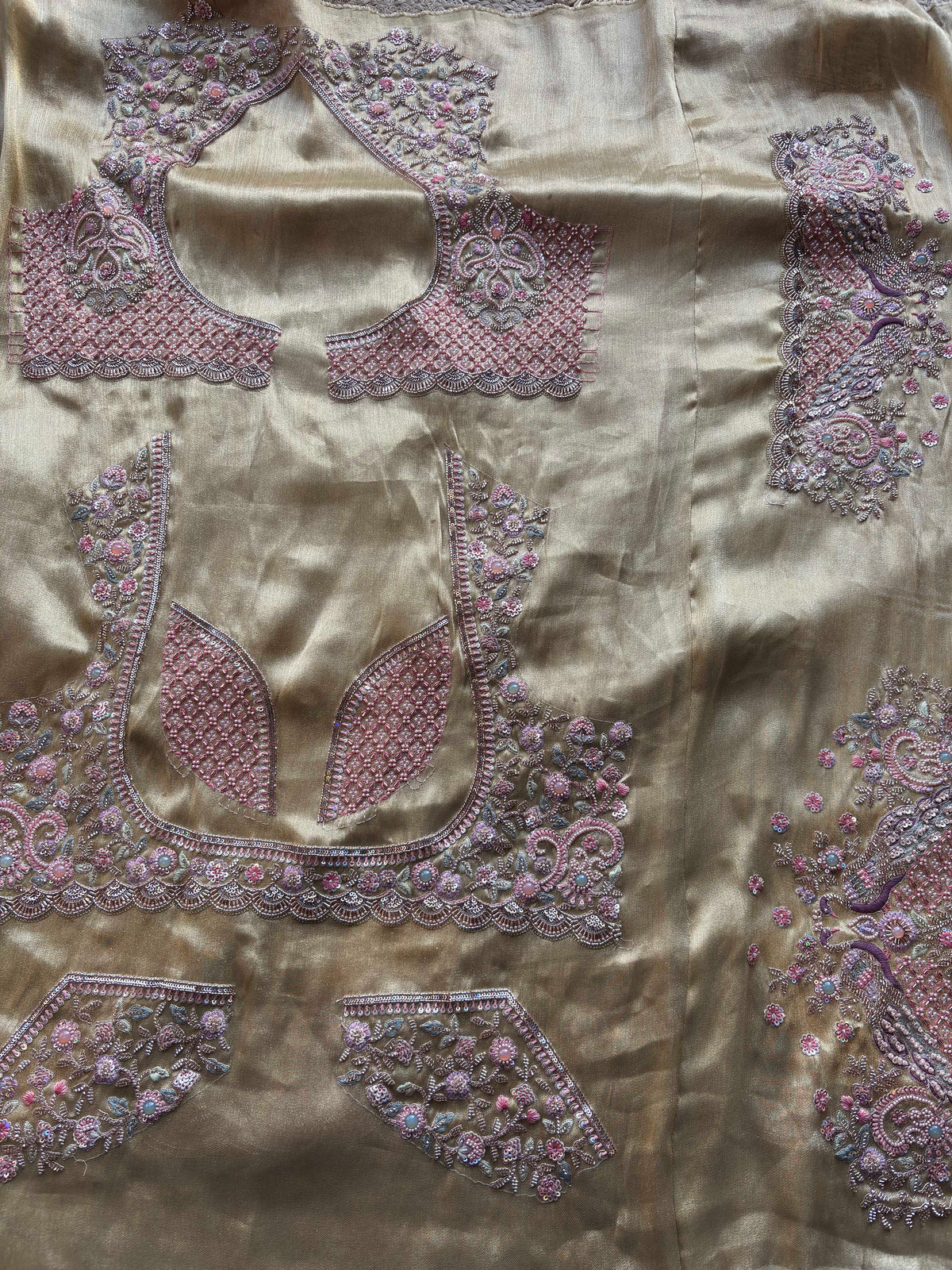 Silver & Antique Gold Designer Silk Saree with Peacock Handwork