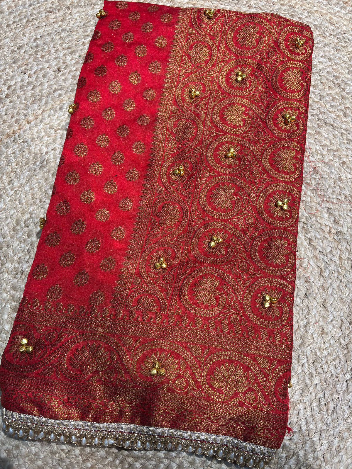 Red Banarasi Georgette Saree with Gold Zari & Bead Embellishments