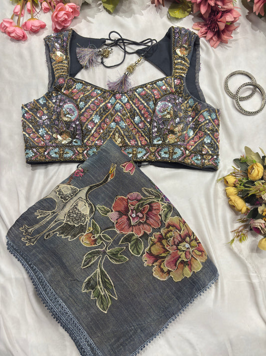Crushed Tissue Gray Floral Print Sarees With Designer Blouse