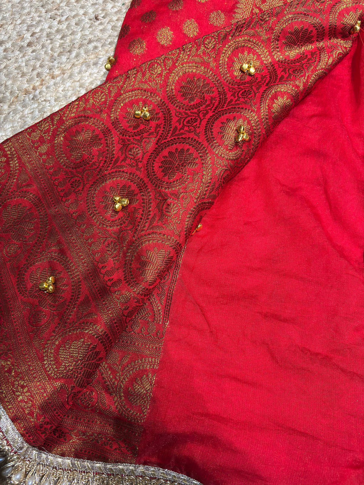 Red Banarasi Georgette Saree with Gold Zari & Bead Embellishments