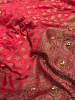 Red Banarasi Georgette Saree with Gold Zari & Bead Embellishments