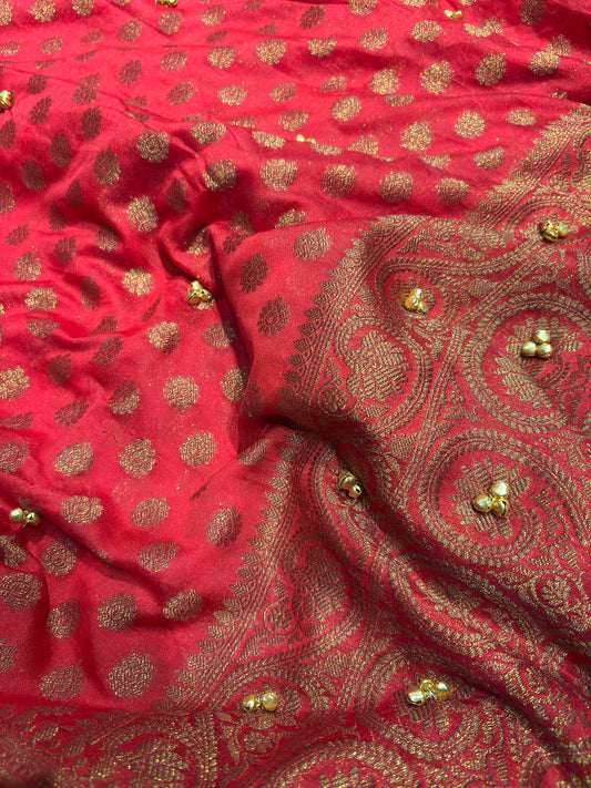 Red Banarasi Georgette Saree with Gold Zari & Bead Embellishments