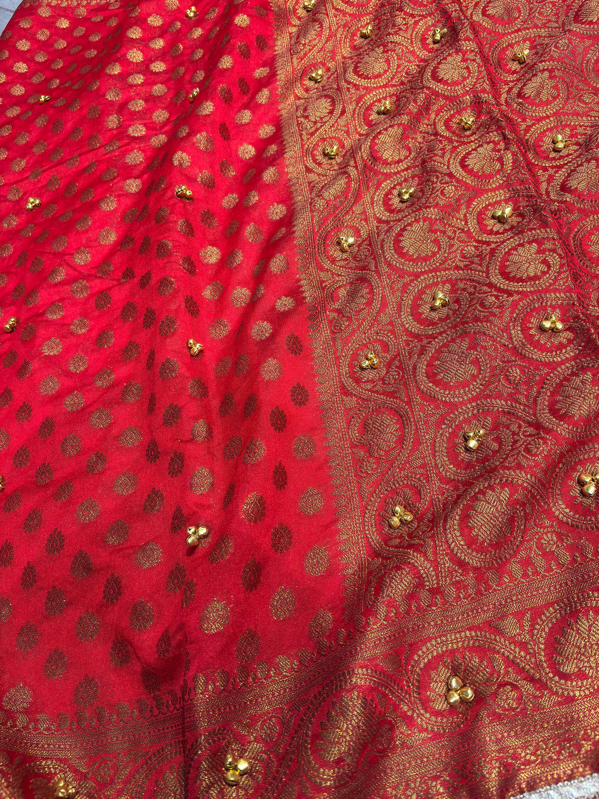 Red Banarasi Georgette Saree with Gold Zari & Bead Embellishments