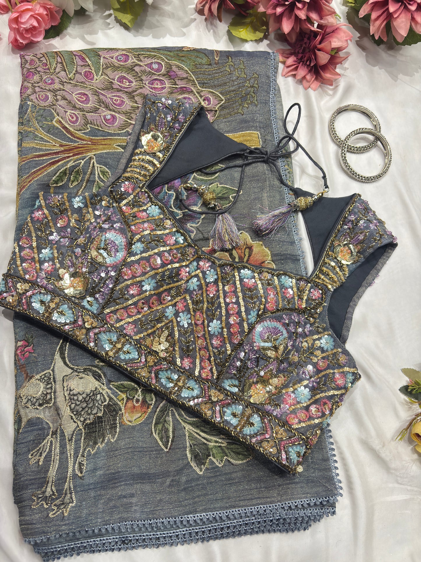 Crushed Tissue Gray Floral Print Sarees With Designer Blouse