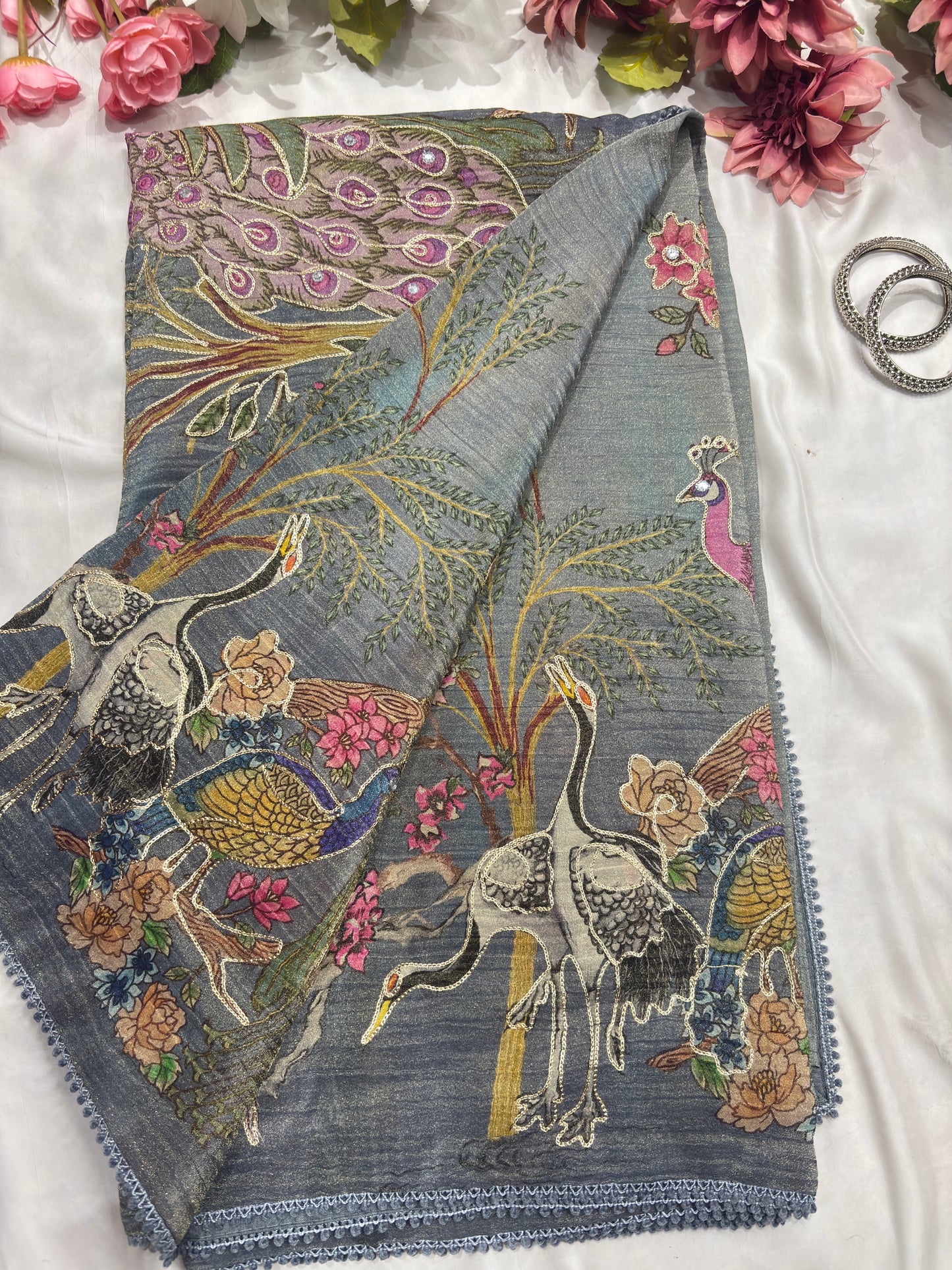 Crushed Tissue Gray Floral Print Sarees With Designer Blouse