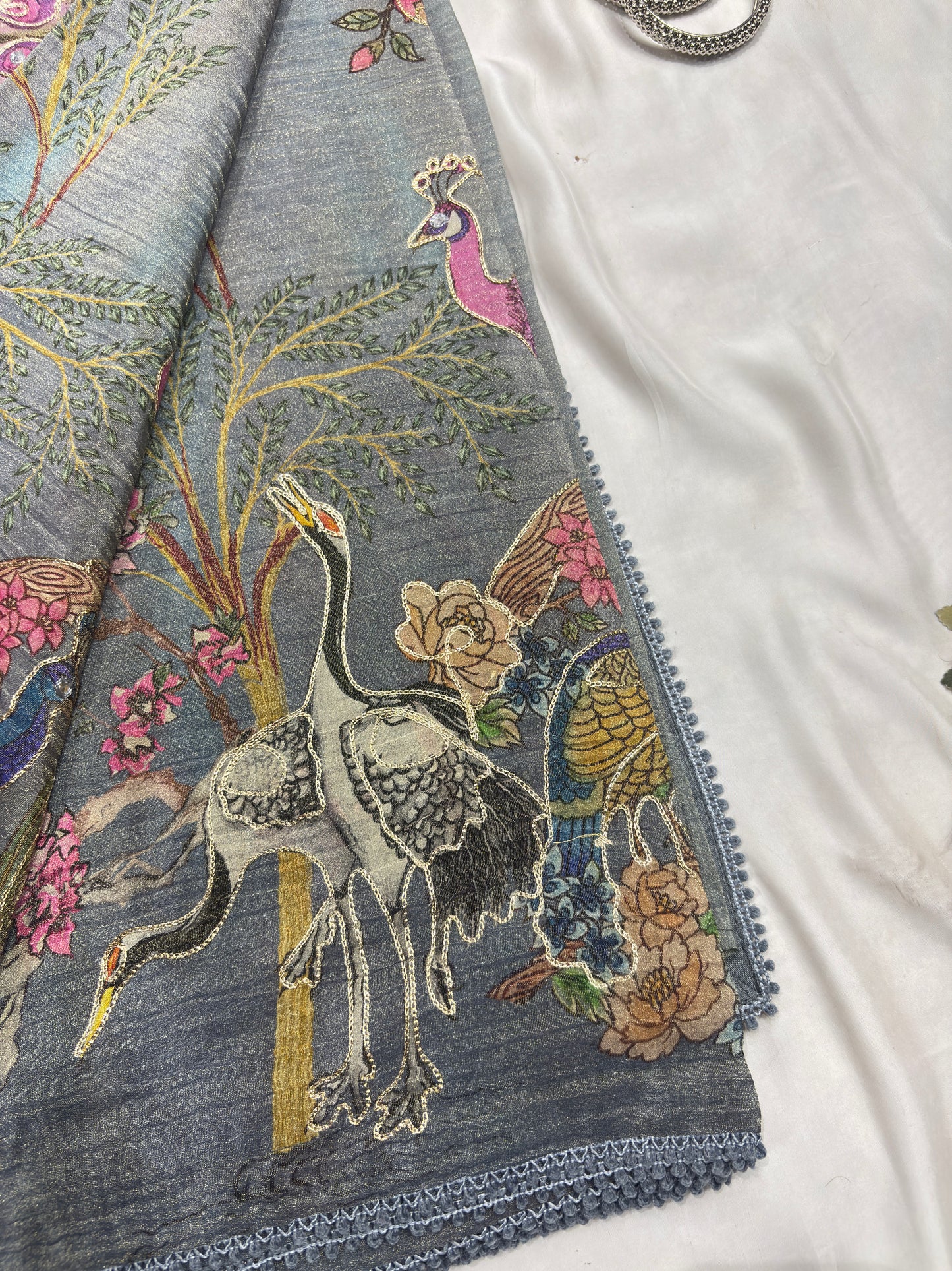 Crushed Tissue Gray Floral Print Sarees With Designer Blouse