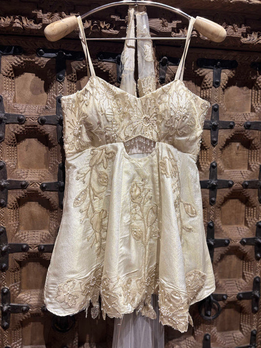 Ivory Pearl Embellished Peplum Divider Set with Dupatta